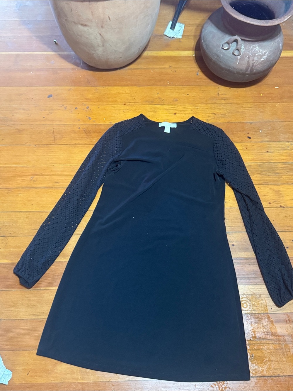 Michael Kors Black Long Sleeve Eyelet-Sleeve Shift Dress
